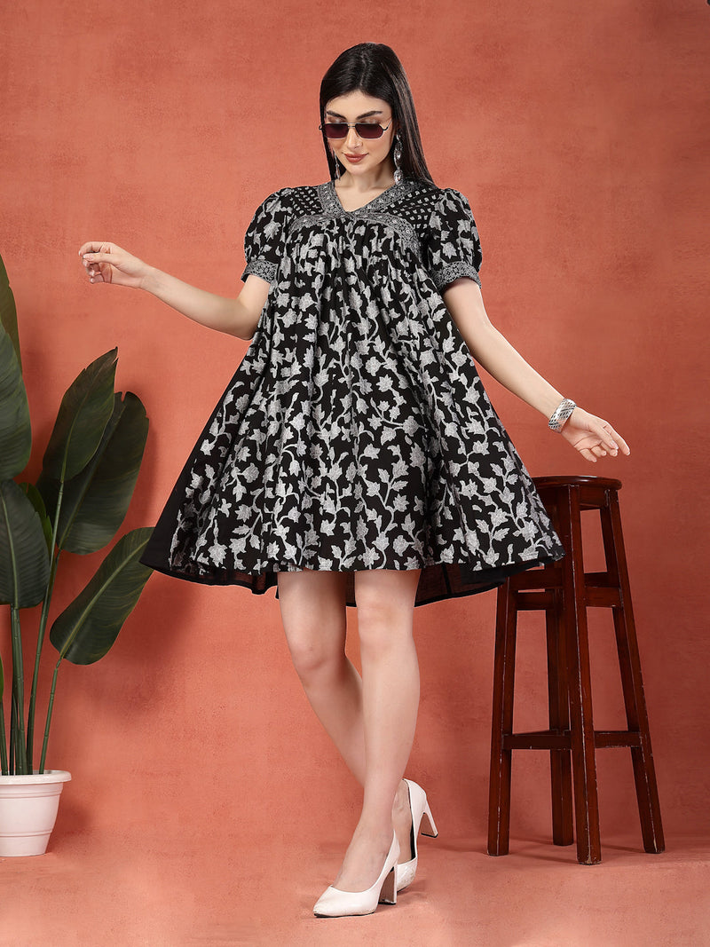 Women Black Color Printed Cotton V Neck Empire Ethnic Dress
