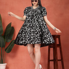 Women Black Color Printed Cotton V Neck Empire Ethnic Dress