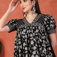 Women Black Color Printed Cotton V Neck Empire Ethnic Dress