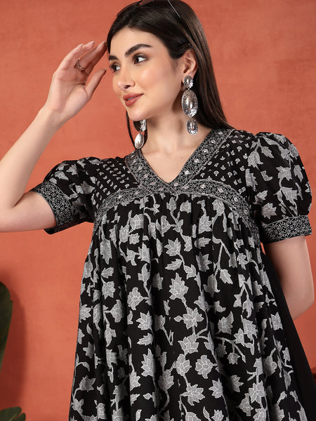 Women Black Color Printed Cotton V Neck Empire Ethnic Dress