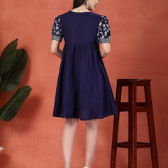 Women Blue Color Motif Printed Cotton V Neck Ethnic Dress