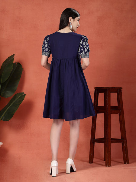 Women Blue Color Motif Printed Cotton V Neck Ethnic Dress