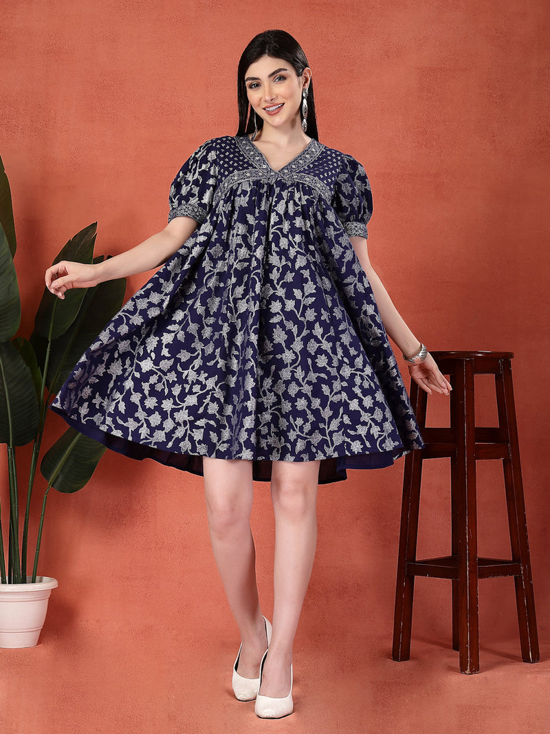 Women Blue Color Motif Printed Cotton V Neck Ethnic Dress