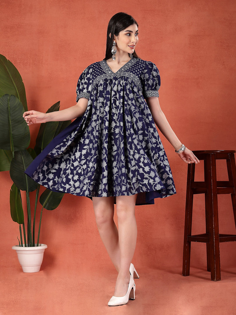 Women Blue Color Motif Printed Cotton V Neck Ethnic Dress