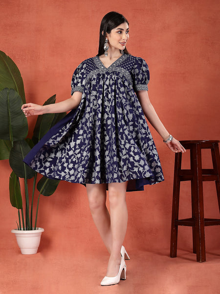 Women Blue Color Motif Printed Cotton V Neck Ethnic Dress