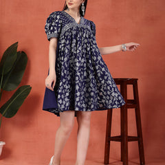 Women Blue Color Motif Printed Cotton V Neck Ethnic Dress