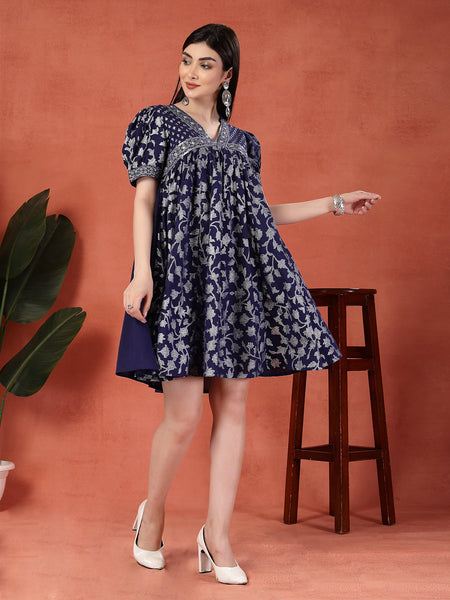 Women Blue Color Motif Printed Cotton V Neck Ethnic Dress