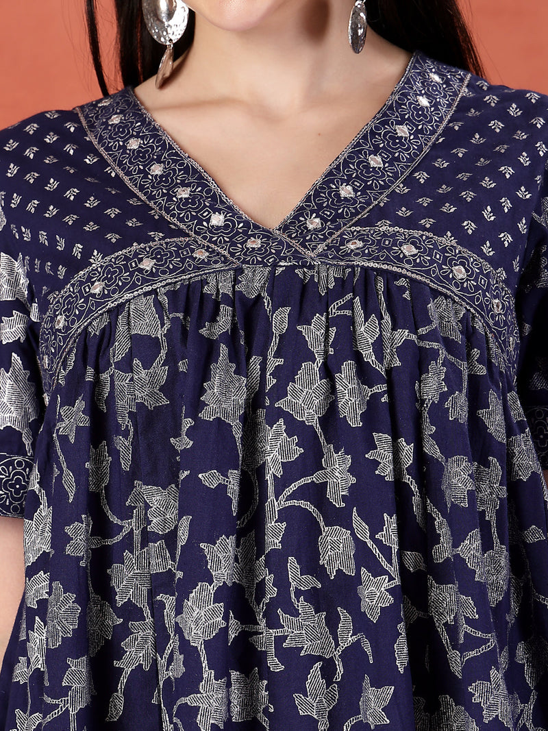 Women Blue Color Motif Printed Cotton V Neck Ethnic Dress