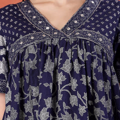 Women Blue Color Motif Printed Cotton V Neck Ethnic Dress