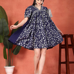 Women Blue Color Motif Printed Cotton V Neck Ethnic Dress