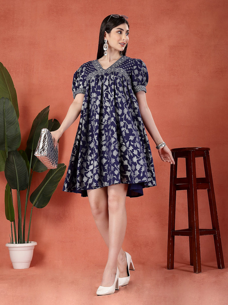 Women Blue Color Motif Printed Cotton V Neck Ethnic Dress