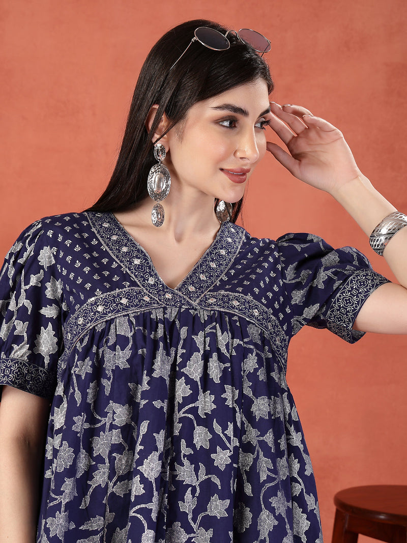 Women Blue Color Motif Printed Cotton V Neck Ethnic Dress Ramaskurtijaipur Women Blue Color Motif Printed Cotton V Neck Ethnic Dress Ramaskurtijaipur