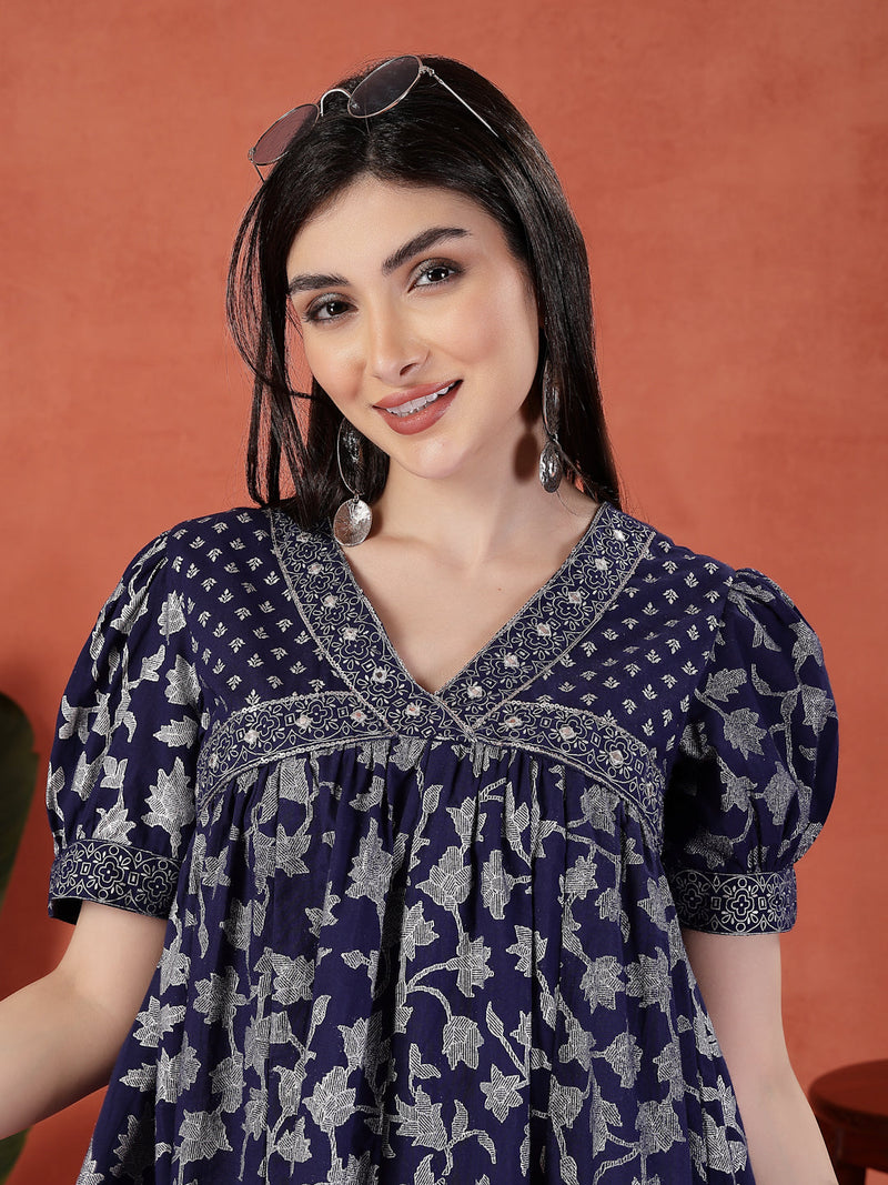 Women Blue Color Motif Printed Cotton V Neck Ethnic Dress