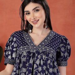 Women Blue Color Motif Printed Cotton V Neck Ethnic Dress