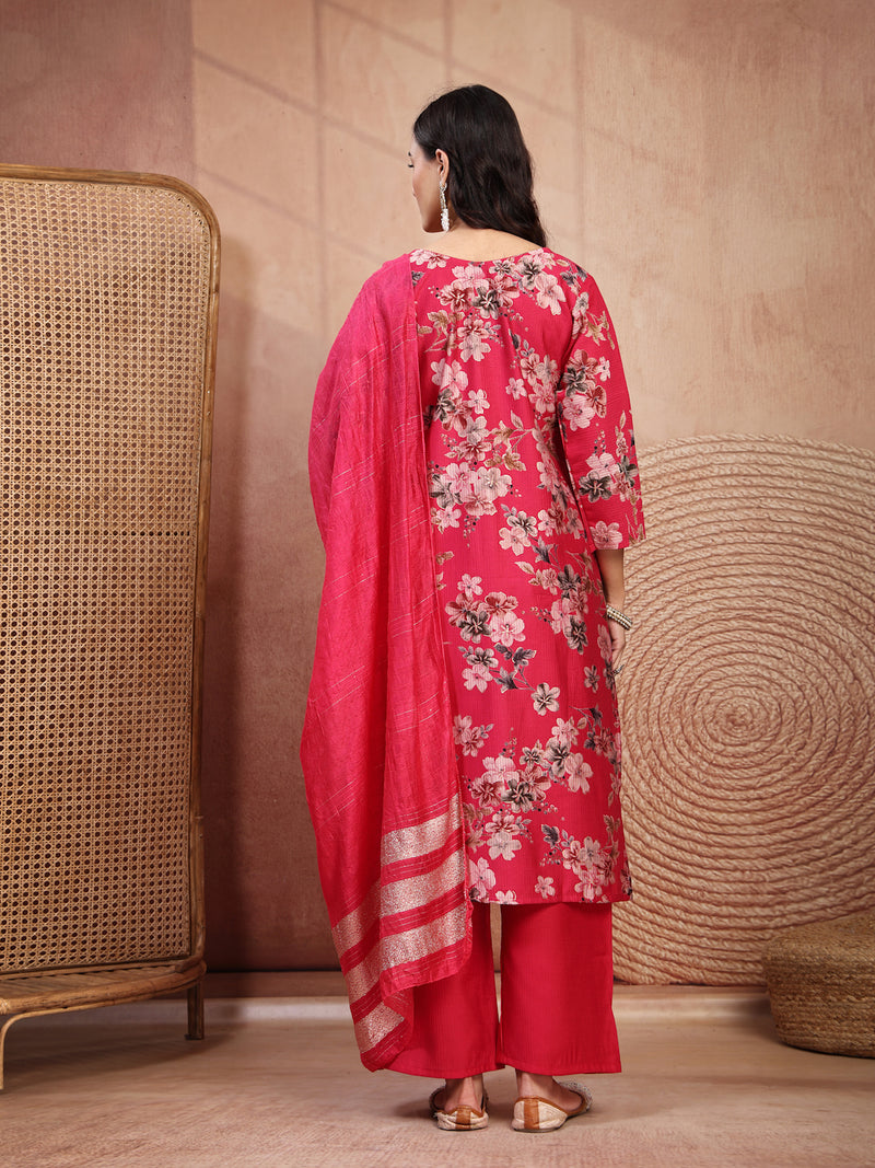 Soft Pink Cotton Straight Kurta Palazzo Set with Embroidery & V-Neck