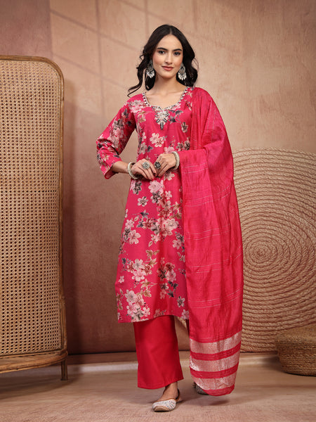 Soft Pink Cotton Straight Kurta Palazzo Set with Embroidery & V-Neck