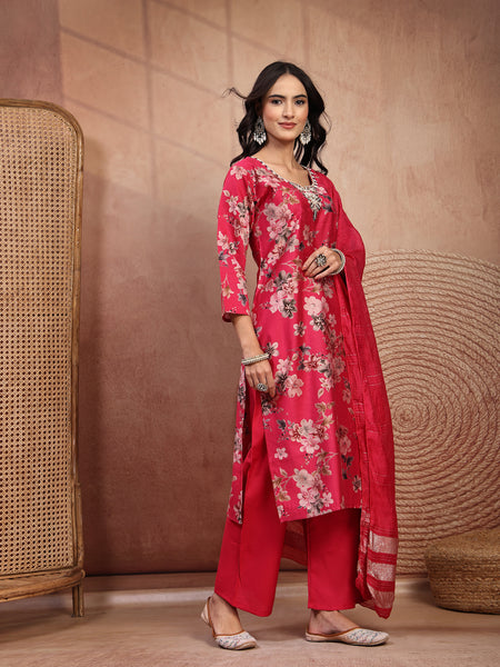 Soft Pink Cotton Straight Kurta Palazzo Set with Embroidery & V-Neck