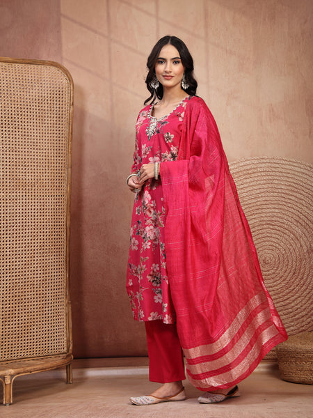 Soft Pink Cotton Straight Kurta Palazzo Set with Embroidery & V-Neck