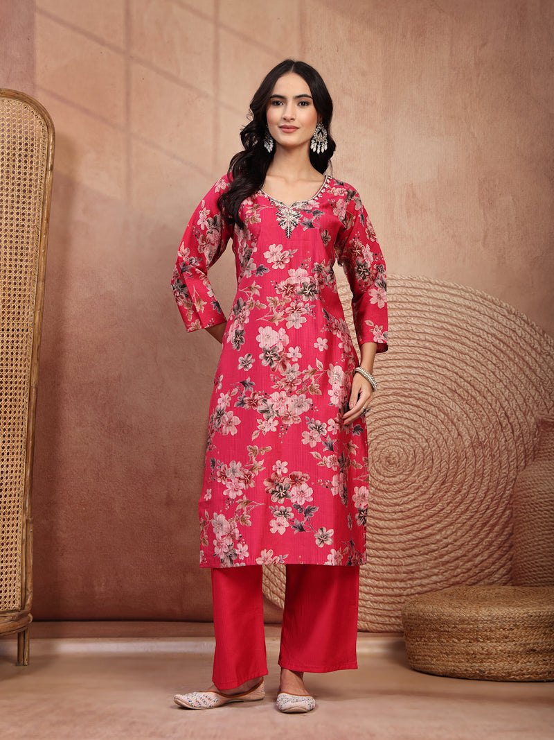 Soft Pink Cotton Straight Kurta Palazzo Set with Embroidery & V-Neck