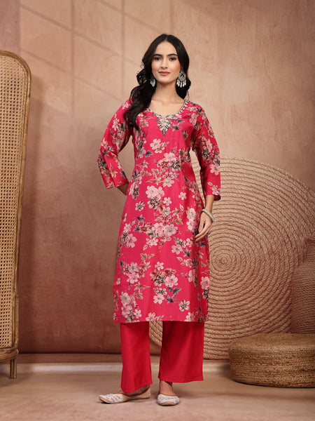 Soft Pink Cotton Straight Kurta Palazzo Set with Embroidery & V-Neck