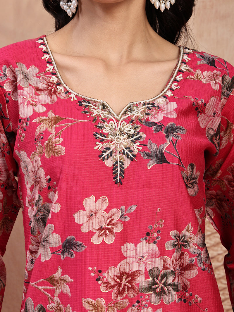 Soft Pink Cotton Straight Kurta Palazzo Set with Embroidery & V-Neck