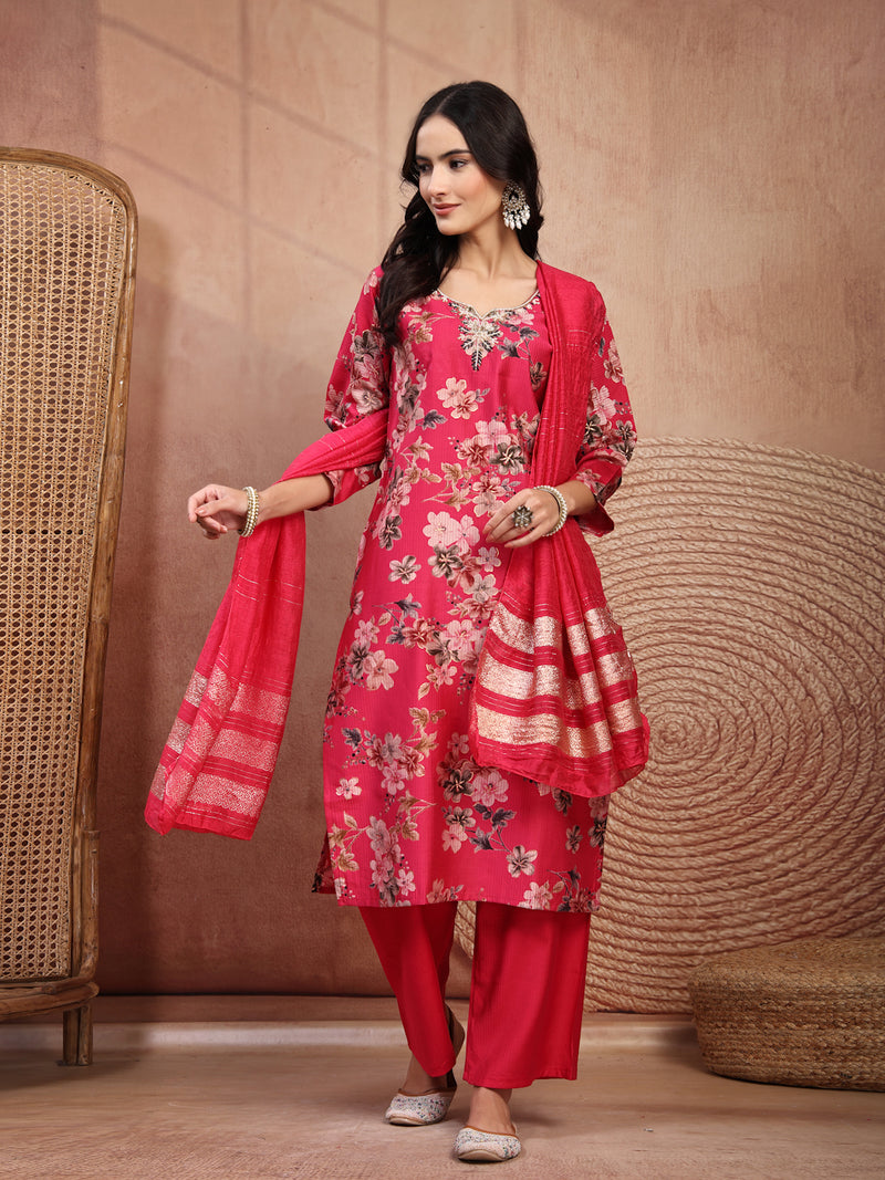Soft Pink Cotton Straight Kurta Palazzo Set with Embroidery & V-Neck
