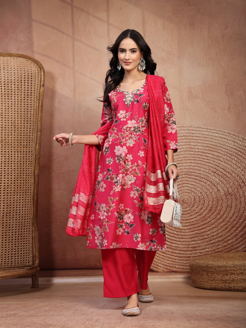 Soft Pink Cotton Straight Kurta Palazzo Set with Embroidery & V-Neck