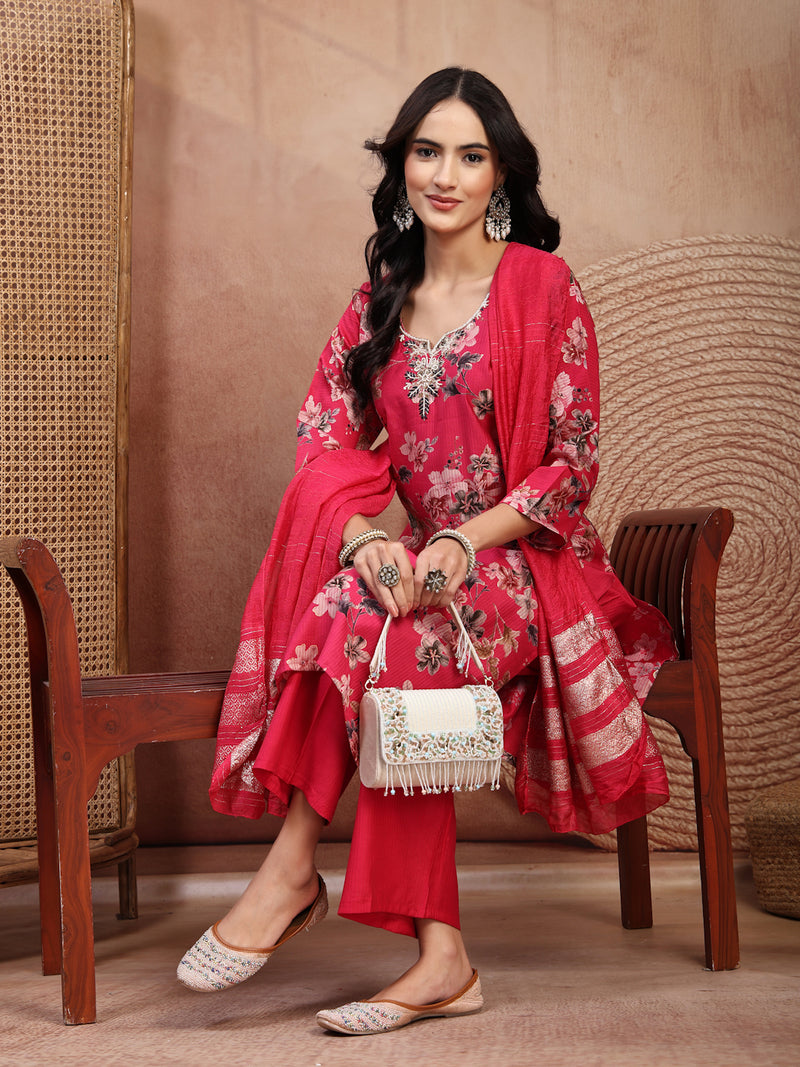Soft Pink Cotton Straight Kurta Palazzo Set with Embroidery & V-Neck