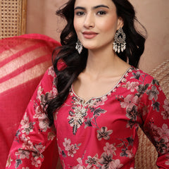 Soft Pink Cotton Straight Kurta Palazzo Set with Embroidery & V-Neck