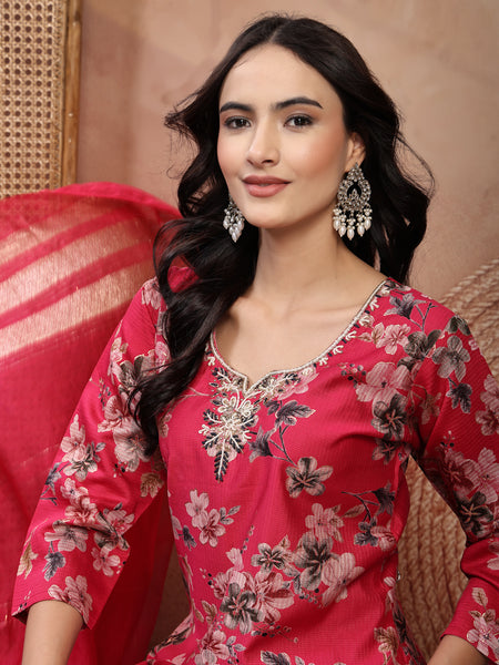 Soft Pink Cotton Straight Kurta Palazzo Set with Embroidery & V-Neck
