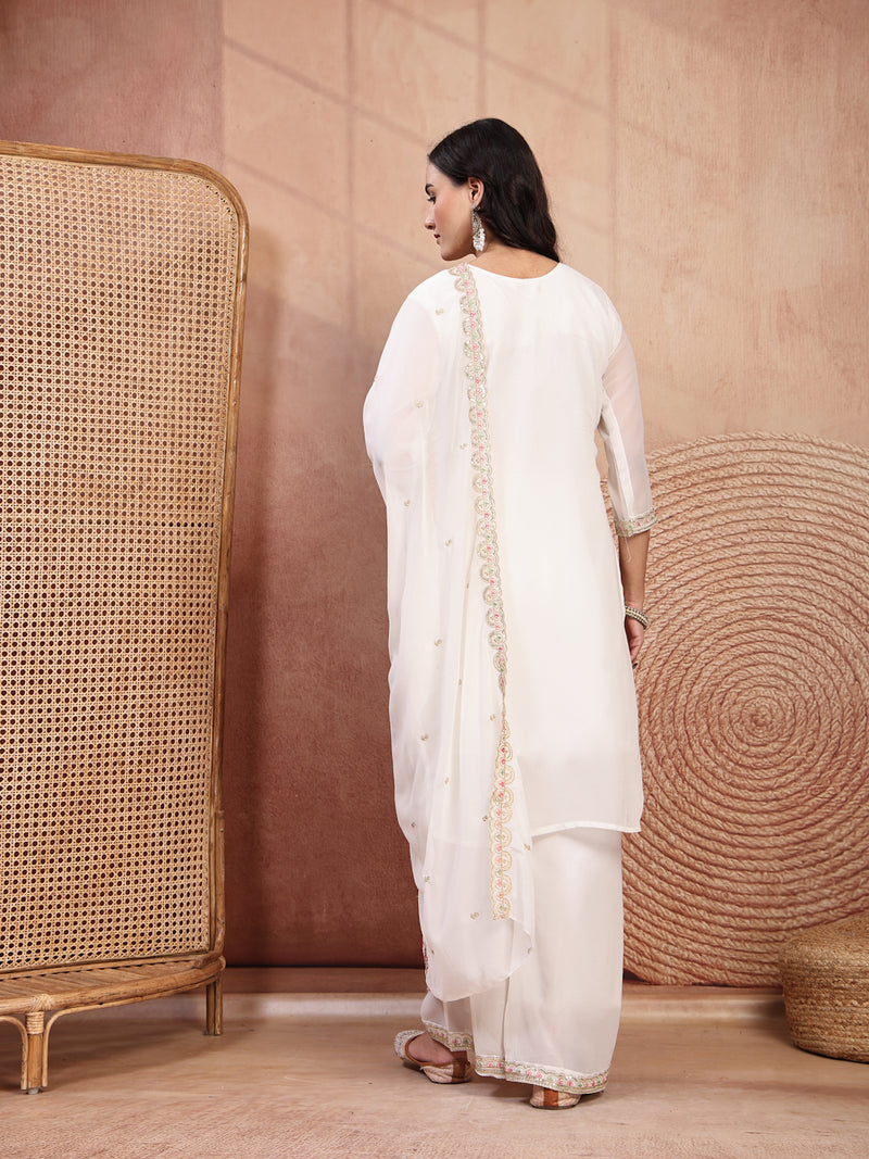 Elegant White Georgette Straight Kurta Palazzo Set with Embroidery