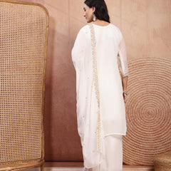 Elegant White Georgette Straight Kurta Palazzo Set with Embroidery
