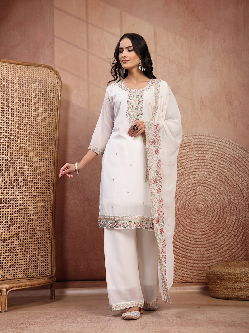 Elegant White Georgette Straight Kurta Palazzo Set with Embroidery