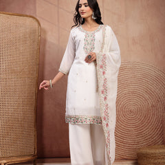 Elegant White Georgette Straight Kurta Palazzo Set with Embroidery
