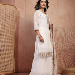 Elegant White Georgette Straight Kurta Palazzo Set with Embroidery