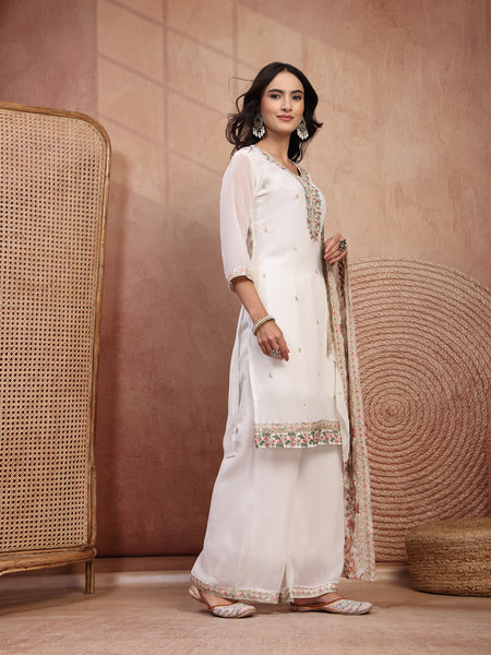 Elegant White Georgette Straight Kurta Palazzo Set with Embroidery