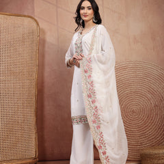 Elegant White Georgette Straight Kurta Palazzo Set with Embroidery
