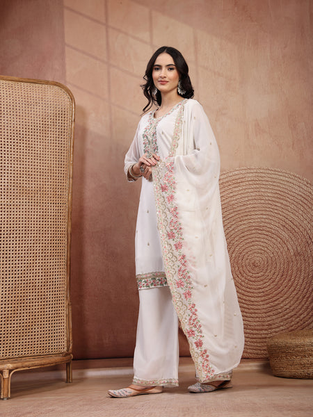 Elegant White Georgette Straight Kurta Palazzo Set with Embroidery
