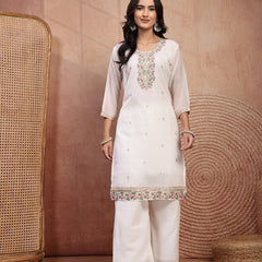 Elegant White Georgette Straight Kurta Palazzo Set with Embroidery