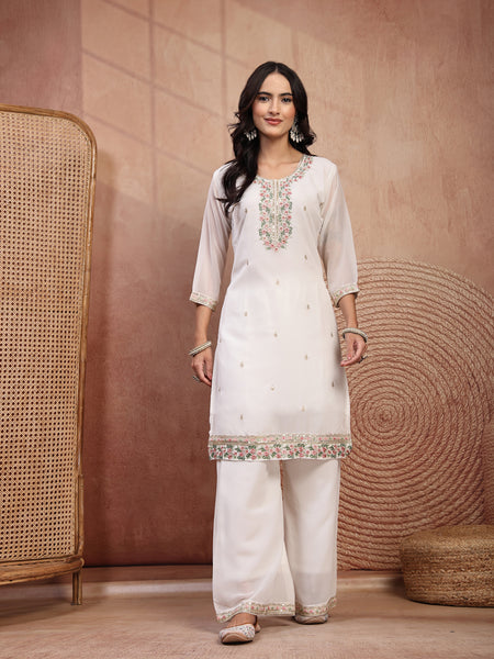 Elegant White Georgette Straight Kurta Palazzo Set with Embroidery