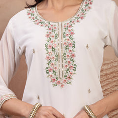 Elegant White Georgette Straight Kurta Palazzo Set with Embroidery