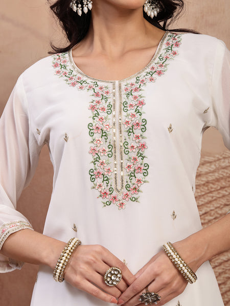 Elegant White Georgette Straight Kurta Palazzo Set with Embroidery
