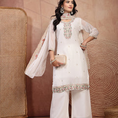 Elegant White Georgette Straight Kurta Palazzo Set with Embroidery