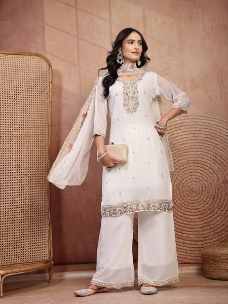 Elegant White Georgette Straight Kurta Palazzo Set with Embroidery
