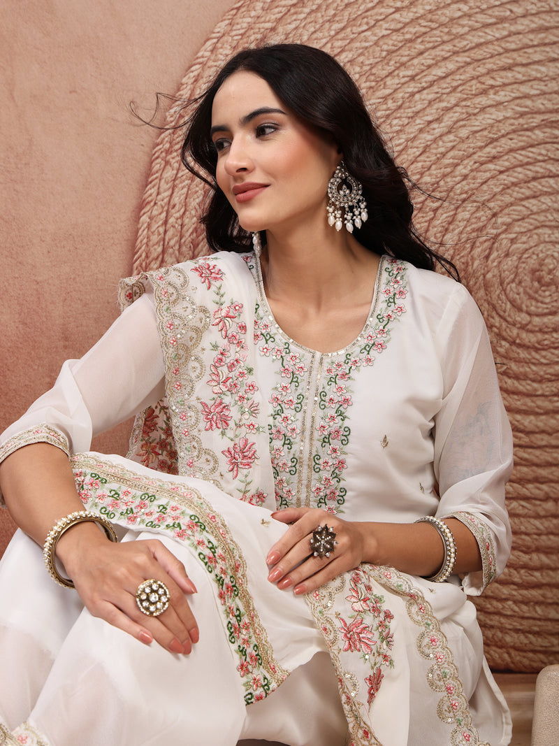 Elegant White Georgette Straight Kurta Palazzo Set with Embroidery