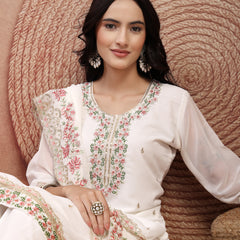 Elegant White Georgette Straight Kurta Palazzo Set with Embroidery