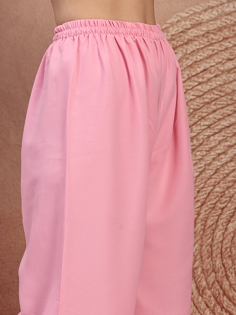 Chic Pink Georgette Straight Kurta Palazzo Set with Embroidery
