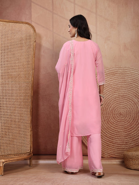 Chic Pink Georgette Straight Kurta Palazzo Set with Embroidery