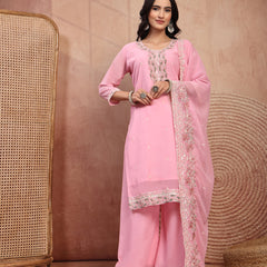 Chic Pink Georgette Straight Kurta Palazzo Set with Embroidery