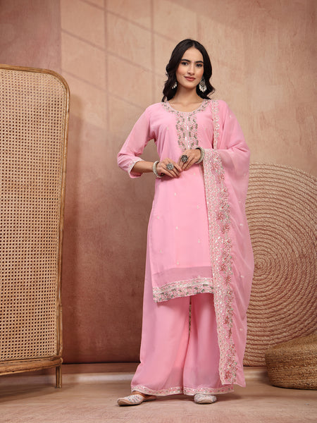 Chic Pink Georgette Straight Kurta Palazzo Set with Embroidery